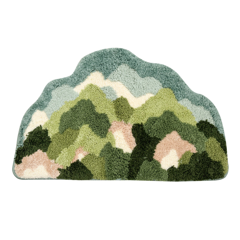 Bathroom rug with a colorful abstract mountain pattern, shaped like a gentle hill for a cozy and creative home décor accent.
