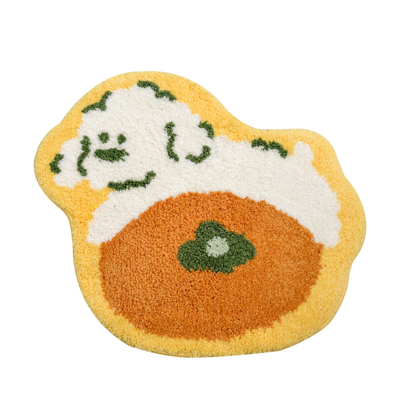 Bathroom rug with an orange puppy design, shaped playfully and perfect for adding a cute touch to bathroom decor.