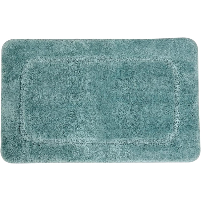 Turquoise shaggy bathroom rug with soft microfiber texture and simple rectangular border design, perfect for a cozy, spa-like feel.