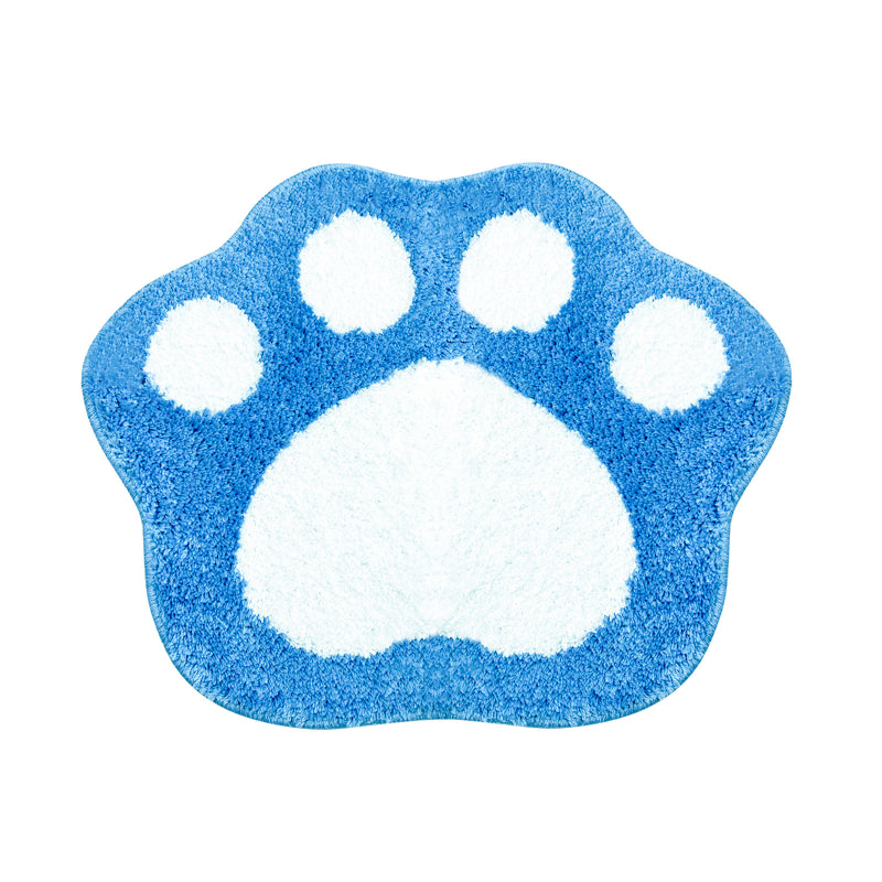 Blue and white paw print bathroom rug made of soft, absorbent microfiber with a non-slip backing.