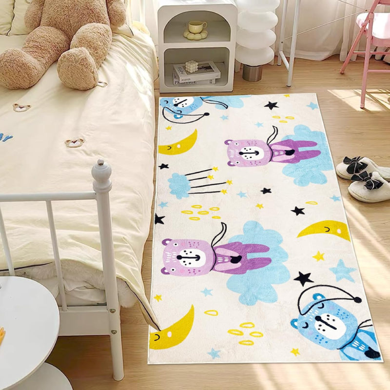 Kids runner rug with cartoon bears on clouds, yellow moons, and stars, designed in soft pastel tones for a playful bedtime theme.