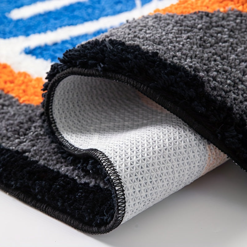 Long rectangular rug with playful ghost and bold text design, placed beside a bed with visible measurements