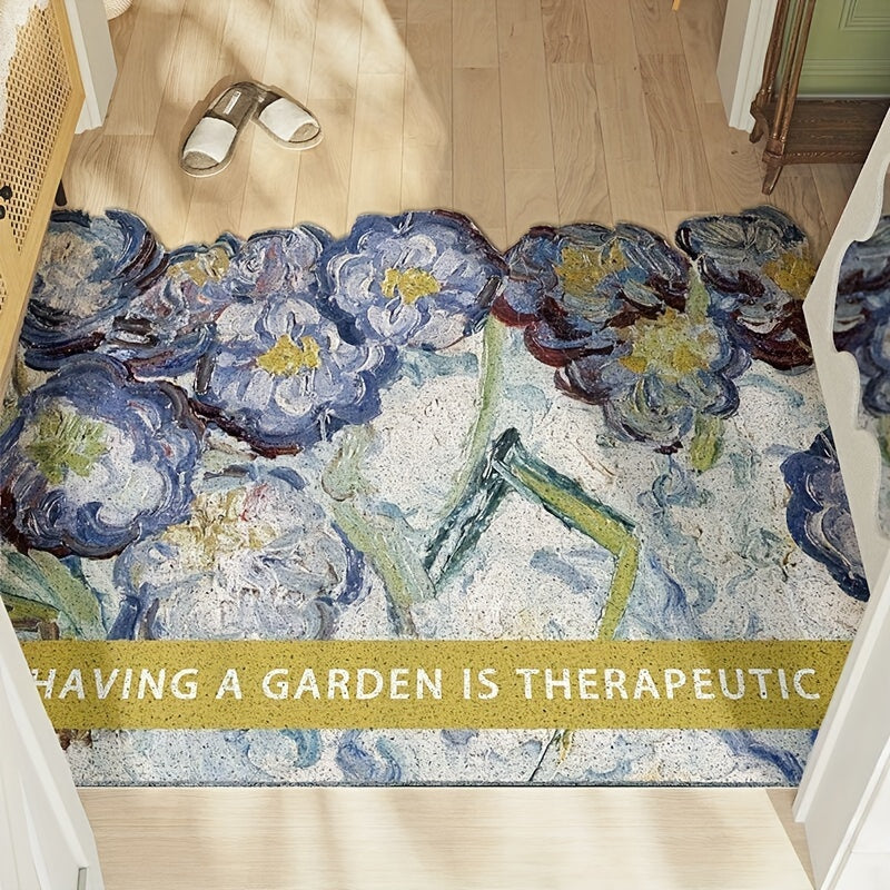 Artistic garden-style rug with painterly floral design and the phrase “Having a Garden Is Therapeutic” woven across the bottom.