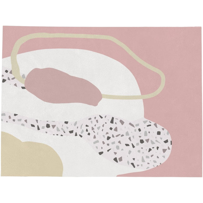 Abstract pink boho area rug with terrazzo pattern and modern organic shapes in cream, blush, and beige tones.