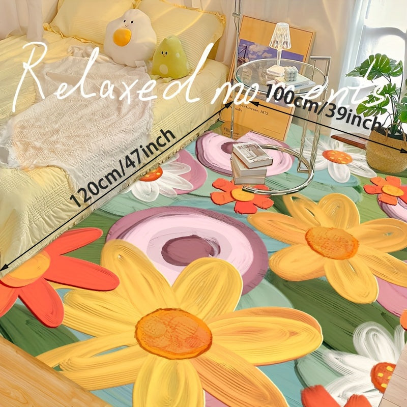 Whimsical floral-patterned rug placed beside a cozy bed, featuring oversized hand-painted-style flower designs with visible size dimensions.