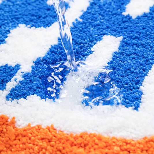 Long rectangular rug with playful ghost and bold text design, placed beside a bed with visible measurements