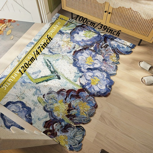 Artistic garden-style rug with painterly floral design and the phrase “Having a Garden Is Therapeutic” woven across the bottom.