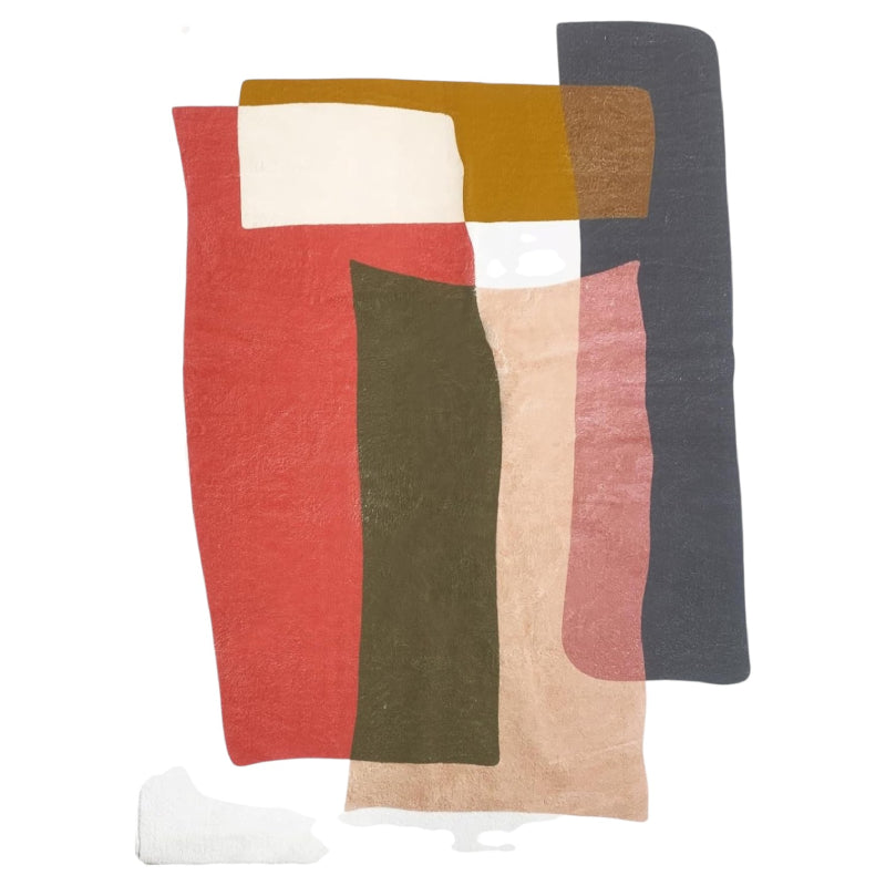 Abstract living room rug with overlapping geometric shapes in vibrant colors including brown, dark blue, red and cream.