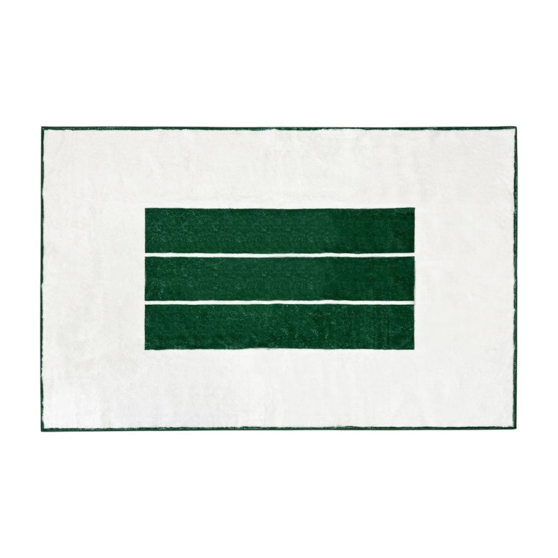 Minimalist white summer rug with three bold green horizontal stripes in the center.