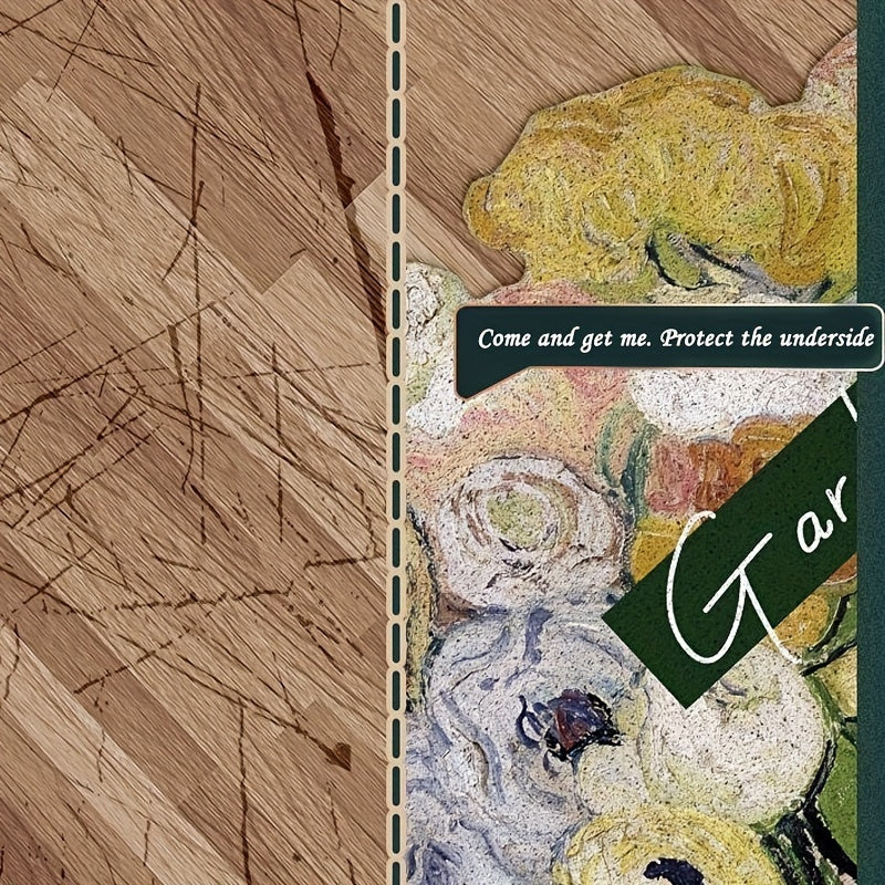 Artistic garden-style rug with painterly floral design and the phrase “Having a Garden Is Therapeutic” woven across the bottom.