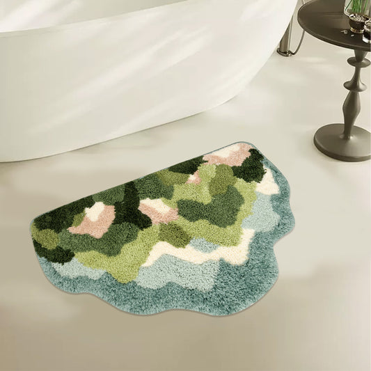Bathroom rug with a colorful abstract mountain pattern, shaped like a gentle hill for a cozy and creative home décor accent.