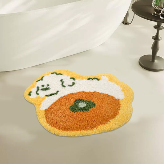 Bathroom rug with an orange puppy design, shaped playfully and perfect for adding a cute touch to bathroom decor.