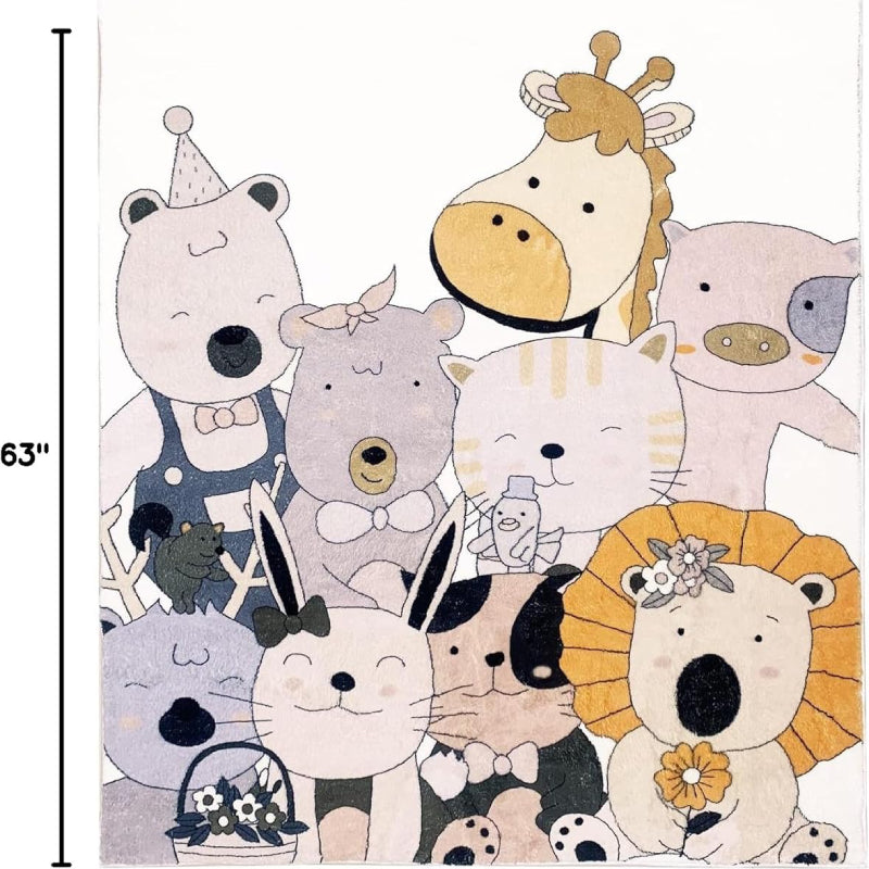A colorful children's rug featuring a group of cute cartoon animals, including a bear, lion, giraffe, cat, pig, bunny, and others, all smiling and dressed in playful accessories like bows and hats.