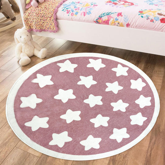 Round kids rug with a playful star pattern, featuring multiple white stars evenly spaced across the surface and bordered by a simple circular edge.