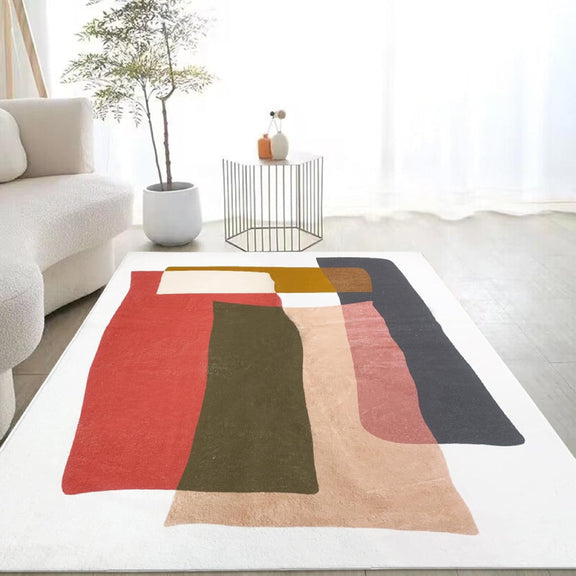 Abstract living room rug with overlapping geometric shapes in vibrant colors including brown, dark blue， red and cream.