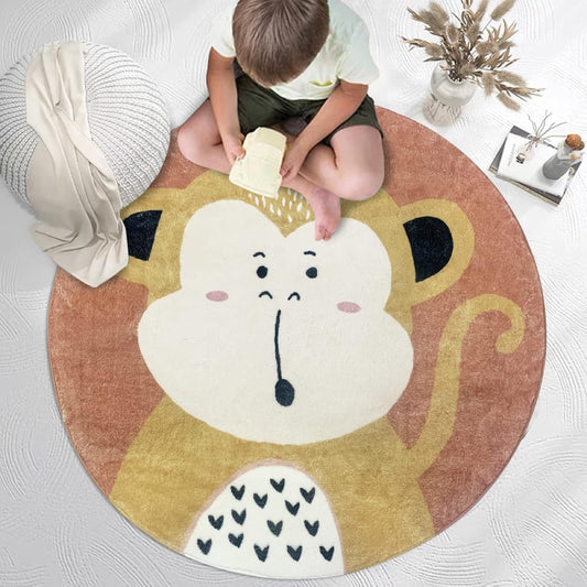 Round children's rug featuring a cute cartoon monkey with a surprised expression, set against a warm brown background.