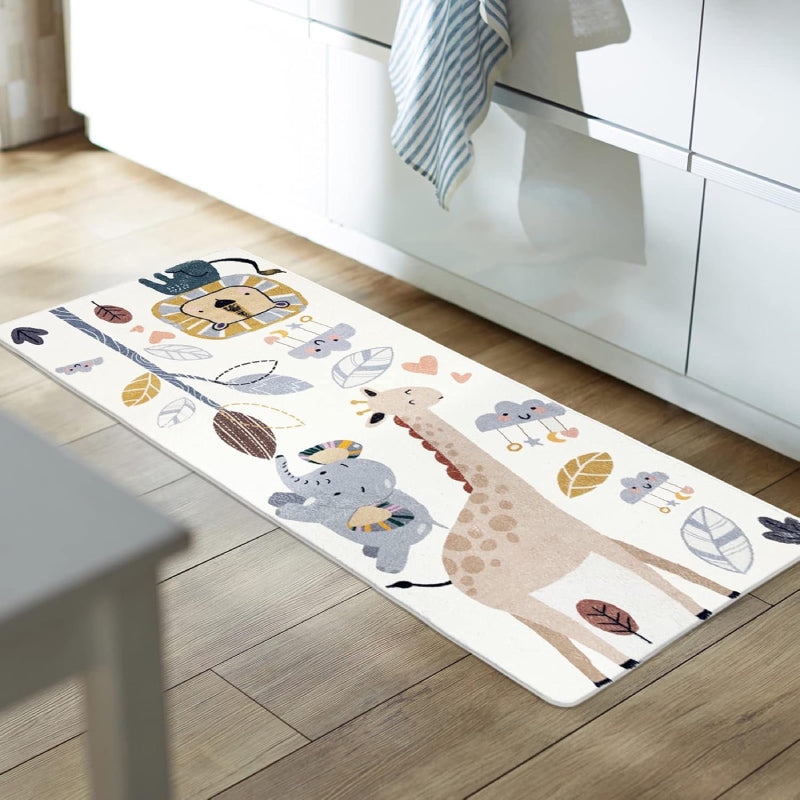 Colorful children's rug featuring cute cartoon animals including a giraffe, elephant, lion, and smiling clouds, surrounded by whimsical leaves and hearts on a white background.