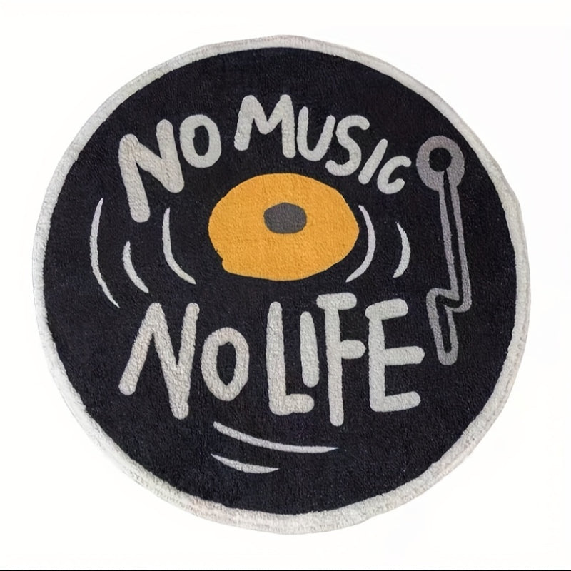 Round bathroom rug with a record player design and the phrase “No Music No Life” in bold lettering.