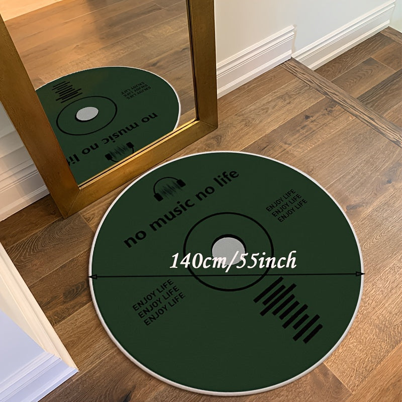 Round bathroom rug with a record player design and the phrase “No Music No Life” in bold lettering.
