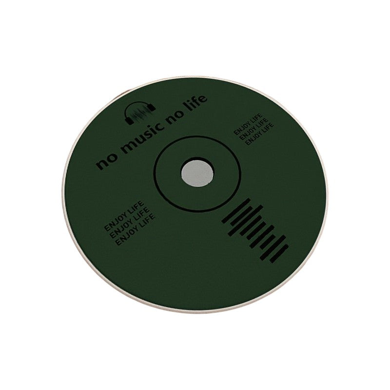 Round bathroom rug with a record player design and the phrase “No Music No Life” in bold lettering.