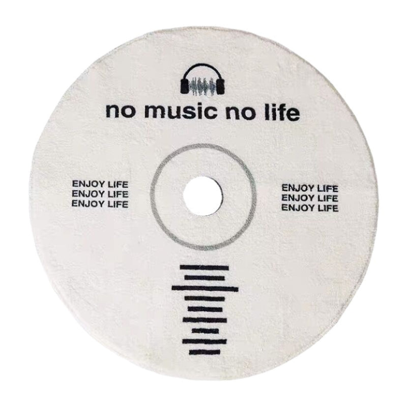 Round bathroom rug with a record player design and the phrase “No Music No Life” in bold lettering.