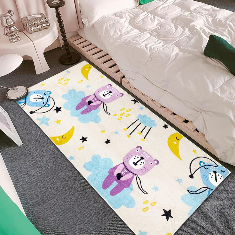 Kids runner rug with cartoon bears on clouds, yellow moons, and stars, designed in soft pastel tones for a playful bedtime theme.
