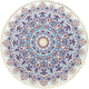 Round bohemian-style rug with an intricate mandala pattern in blue, terracotta, and gold, featuring floral and geometric motifs and finished with fringe tassels around the edge.