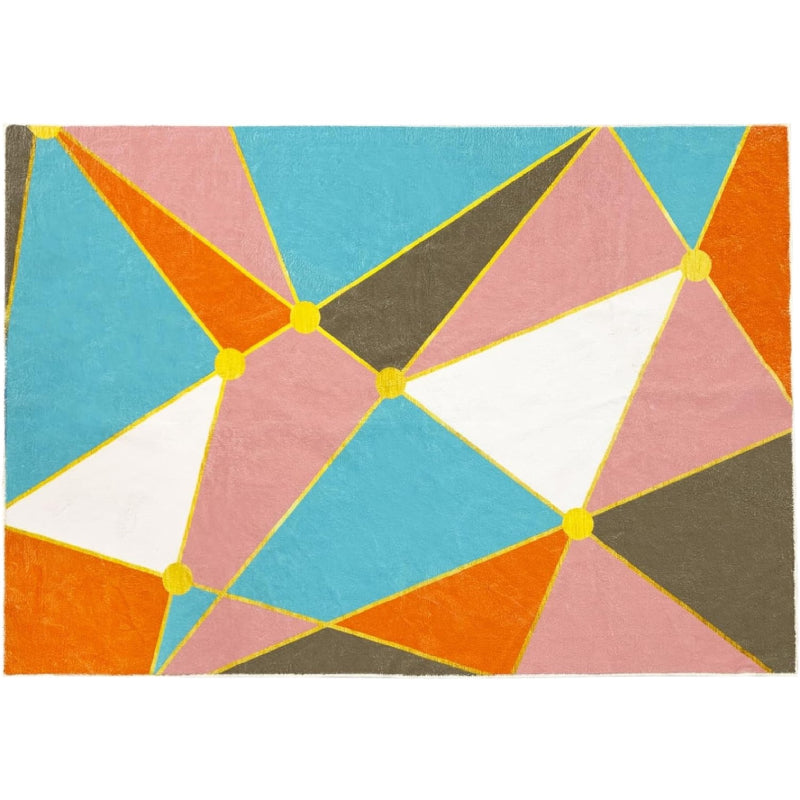 Colorful living room rug with a bright geometric pattern of intersecting triangles in blue, pink, orange, white, and brown, outlined with yellow lines and yellow circular nodes.