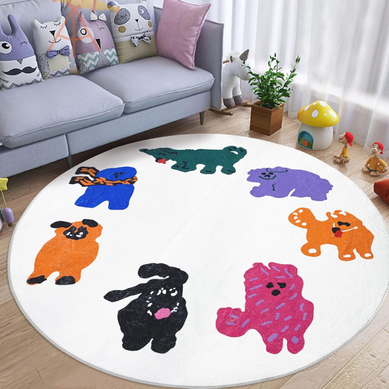 Round kids rug featuring colorful cartoon animals arranged in a circle on a white background, including playful characters in orange, black, green, purple, pink, and blue.
