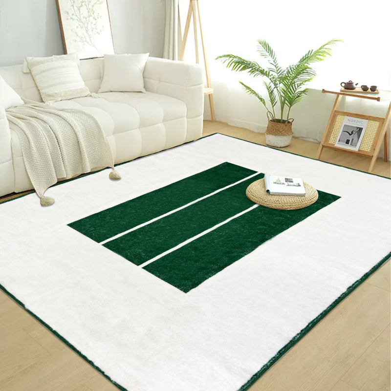Minimalist white summer rug with three bold green horizontal stripes in the center.