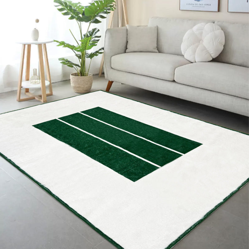 Minimalist white summer rug with three bold green horizontal stripes in the center.