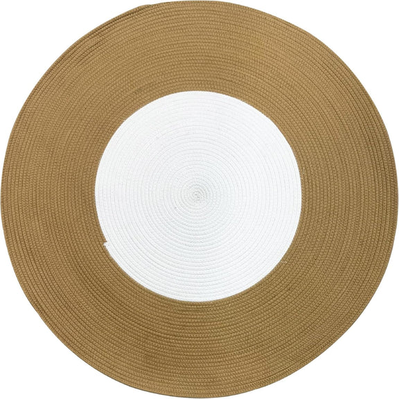 Round handmade braided rug with a white center and wide brown outer ring, made from cotton rope.