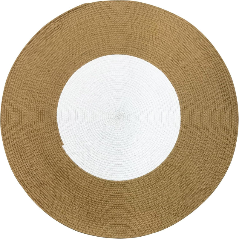 Round handmade braided rug with a white center and wide brown outer ring, made from cotton rope.