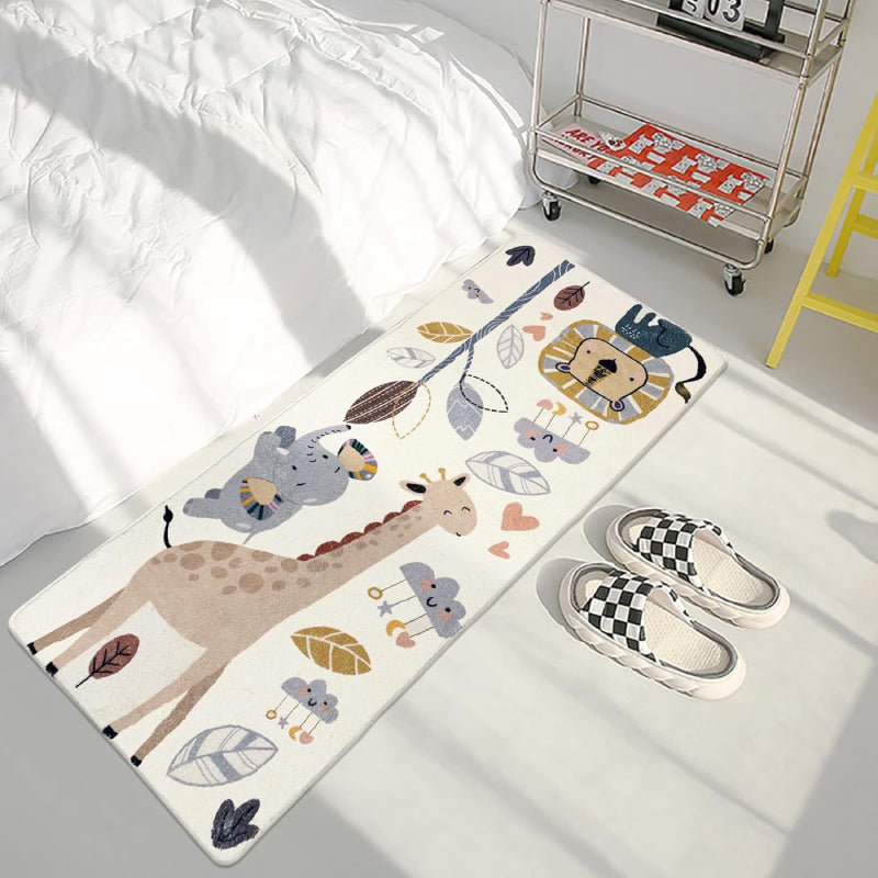 Colorful children's rug featuring cute cartoon animals including a giraffe, elephant, lion, and smiling clouds, surrounded by whimsical leaves and hearts on a white background.