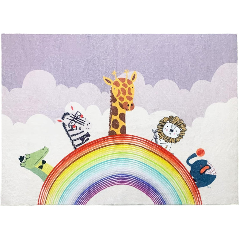 Rectangle kids rug with colorful rainbow and cartoon animals including giraffe, lion, zebra, crocodile, and elephant on a pastel cloud background.