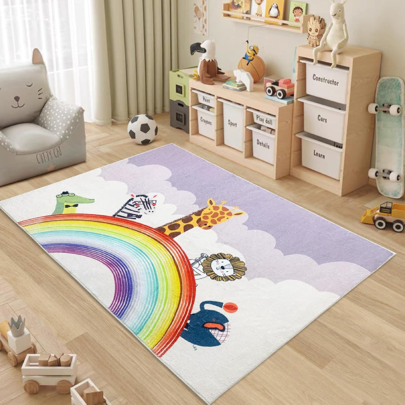 Rectangle kids rug with colorful rainbow and cartoon animals including giraffe, lion, zebra, crocodile, and elephant on a pastel cloud background.