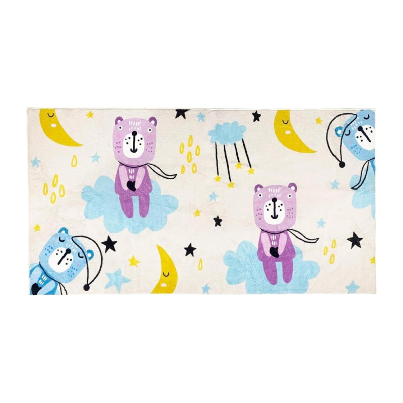 Kids runner rug with cartoon bears on clouds, yellow moons, and stars, designed in soft pastel tones for a playful bedtime theme.