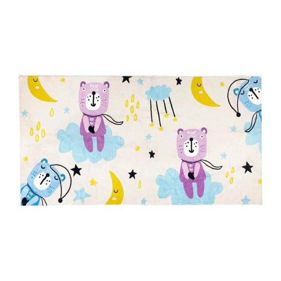 Kids runner rug with cartoon bears on clouds, yellow moons, and stars, designed in soft pastel tones for a playful bedtime theme.