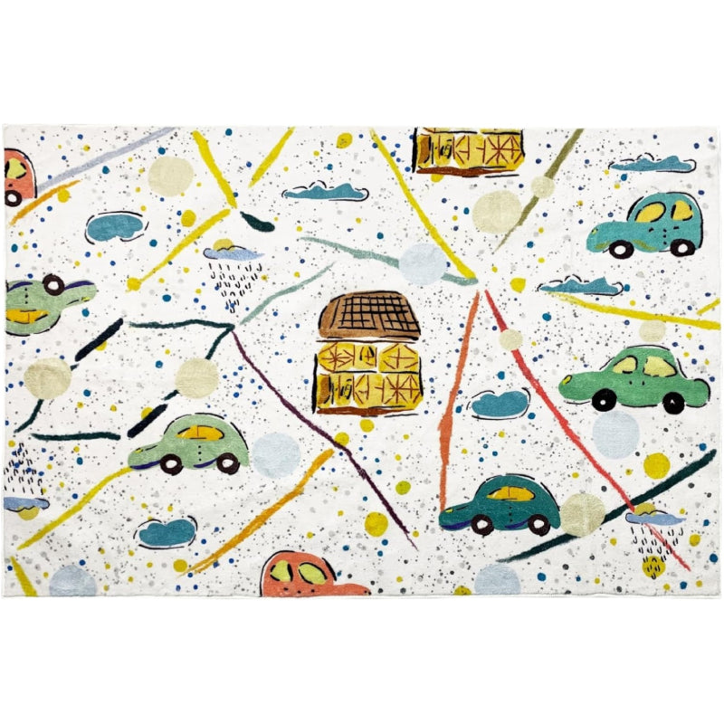 Colorful kids rug with a playful car theme, featuring hand-drawn cars, houses, roads, clouds, and splatter-style background on a white base.