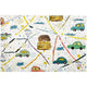 Colorful kids rug with a playful car theme, featuring hand-drawn cars, houses, roads, clouds, and splatter-style background on a white base.