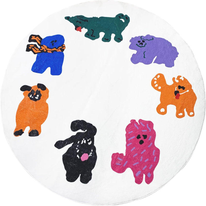 Round kids rug featuring colorful cartoon animals arranged in a circle on a white background, including playful characters in orange, black, green, purple, pink, and blue.