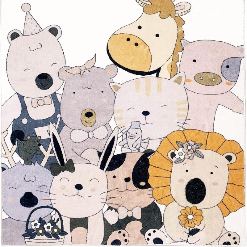 A colorful children's rug featuring a group of cute cartoon animals, including a bear, lion, giraffe, cat, pig, bunny, and others, all smiling and dressed in playful accessories like bows and hats.