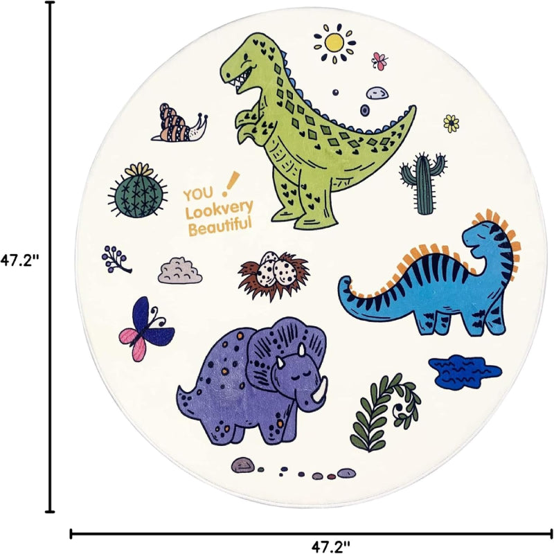 Round children's rug measuring 47.2 inches in diameter, featuring colorful cartoon dinosaurs, plants, butterflies, and eggs on a white background, with the text "YOU! Lookvery Beautiful" printed near the center.