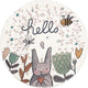Round children's rug featuring a cute gray Easter bunny holding a heart, surrounded by flowers, a bee, a butterfly, and the word "hello" in playful script on a light background.