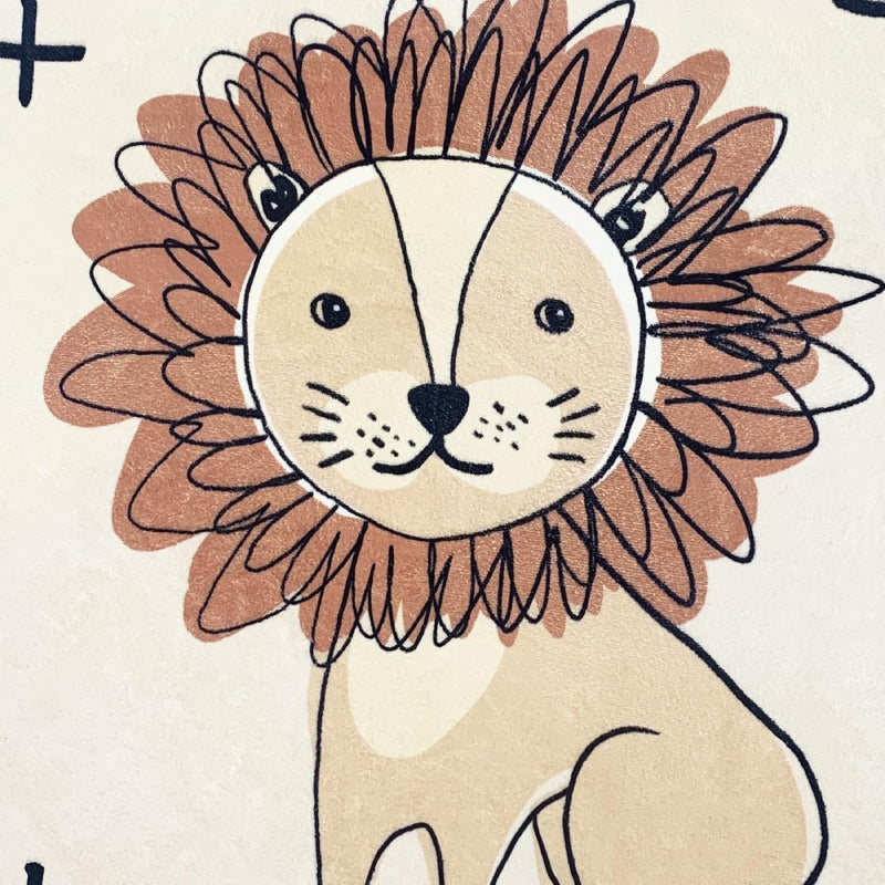 Children's rug featuring a cute cartoon lion with a detailed brown mane and neutral beige background.