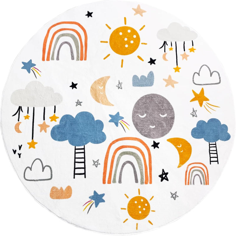 A round kids rug featuring colorful rainbows, smiling suns and moons, clouds, stars, and ladders on a white background. The playful design is ideal for a nursery or playroom.