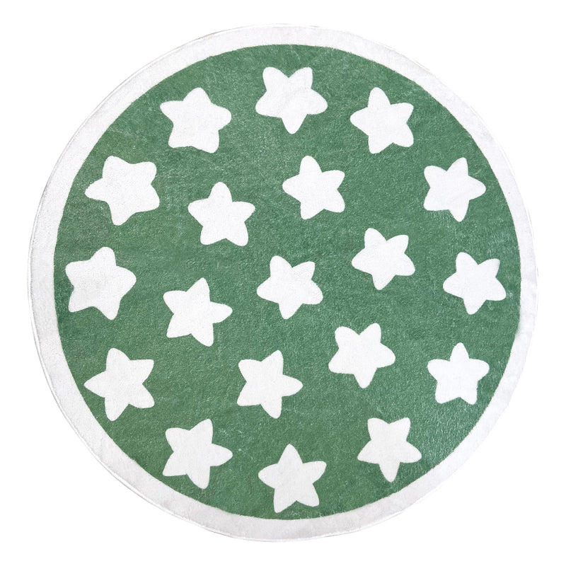 Round kids rug with a playful star pattern, featuring multiple white stars evenly spaced across the surface and bordered by a simple circular edge.