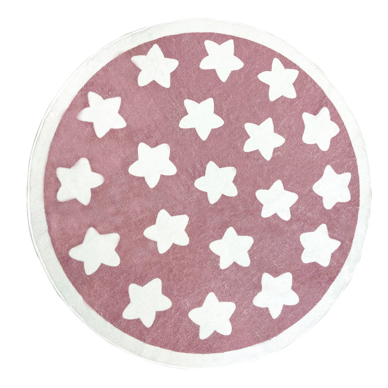 Round kids rug with a playful star pattern, featuring multiple white stars evenly spaced across the surface and bordered by a simple circular edge.