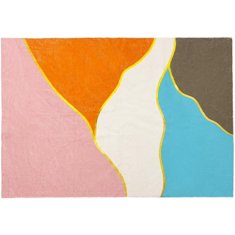 Colorful living room rug with a bright geometric pattern of intersecting triangles in blue, pink, orange, white, and brown, outlined with yellow lines and yellow circular nodes.