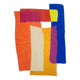 Abstract living room rug with overlapping geometric shapes in vibrant colors including orange, blue, yellow, magenta, and cream.